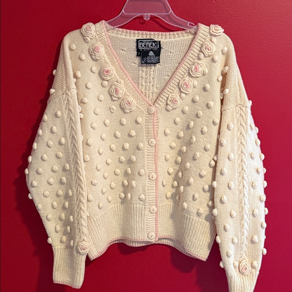Berek Handknit 100% Wool Cardigan Sweater Made in Uruguay- Cream w/ Pink Trim - Picture 7 of 7
